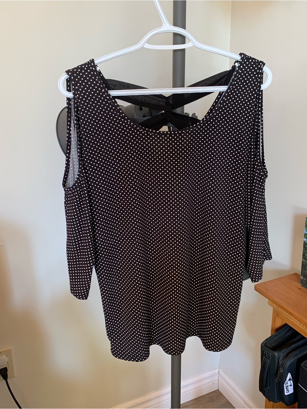 PICK ANY 3 ITEMS FOR $10 -  Suzy Shier Black Polka Dot Cold-Shoulder Blouse
